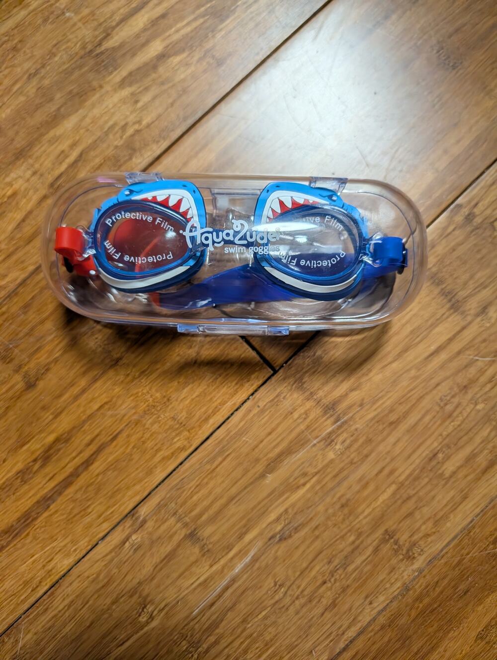 Aqua2ude Kids Swim Goggles Blue Shark w/ Hard Case NWT